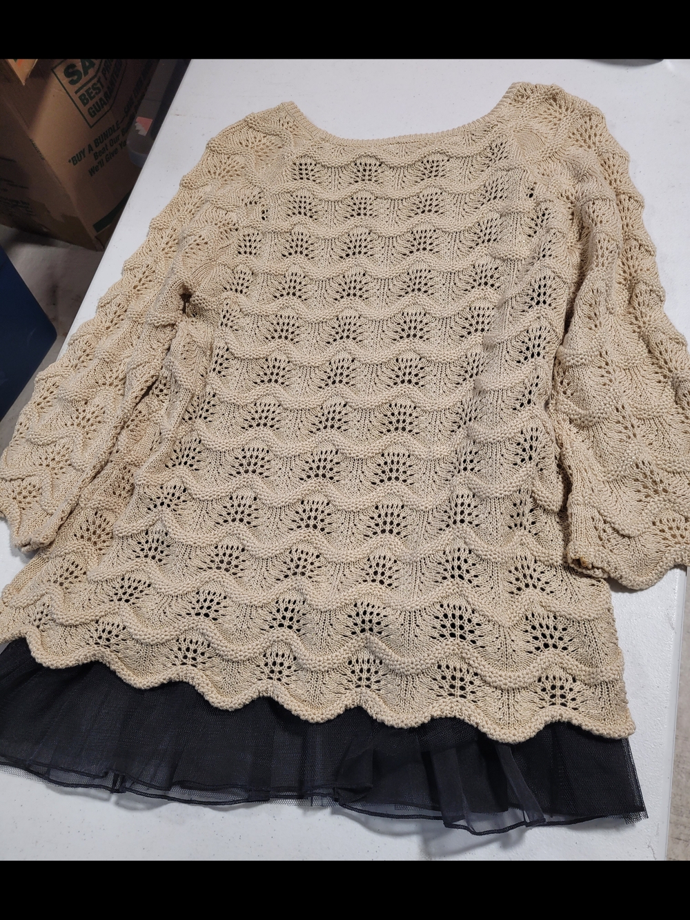 Beige Crochet Knit Tunic with Black Sheer Hem - Picture 3 of 3